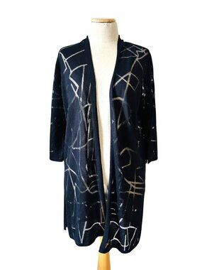 Chicos Womens Sz M Open Front Black Cardigan Geometric Print Lightweight Knit